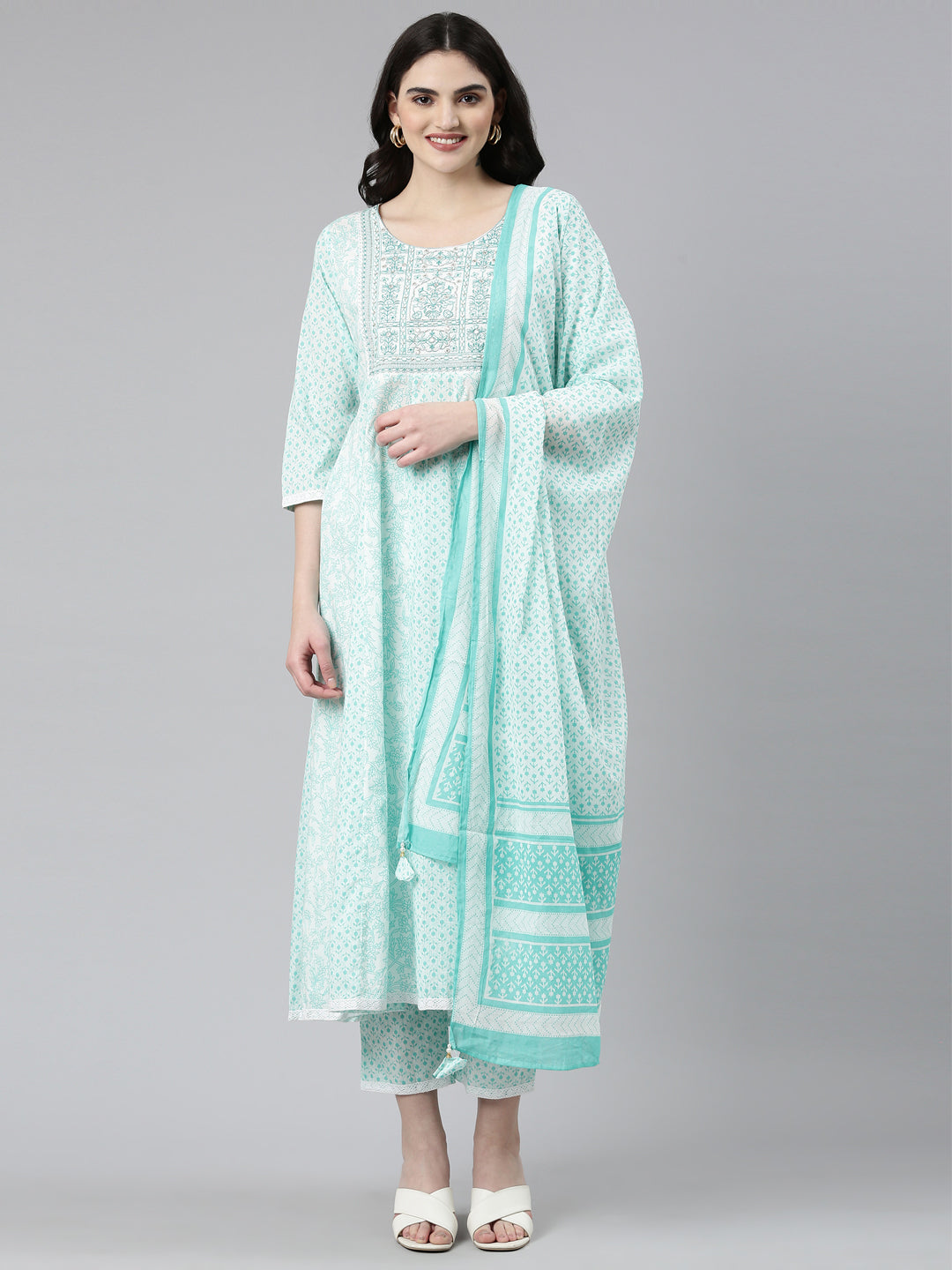 Neerus Green cotton printed anarkali kurta set - front view