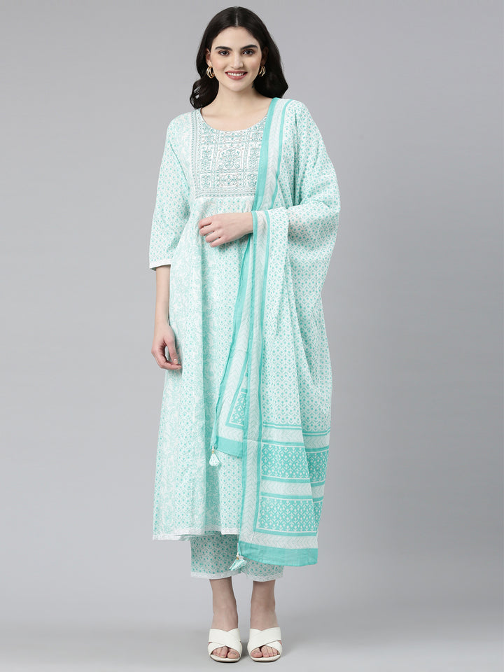 Neerus Green cotton printed anarkali kurta set - front view