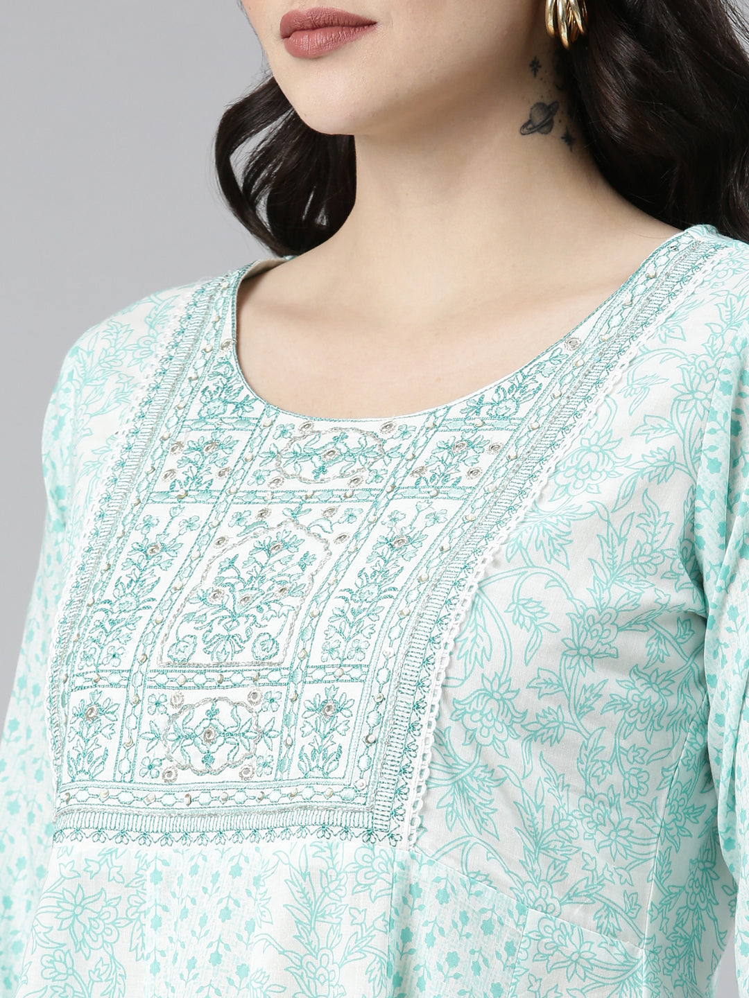 Neerus Green cotton printed anarkali kurta set - detail view 1
