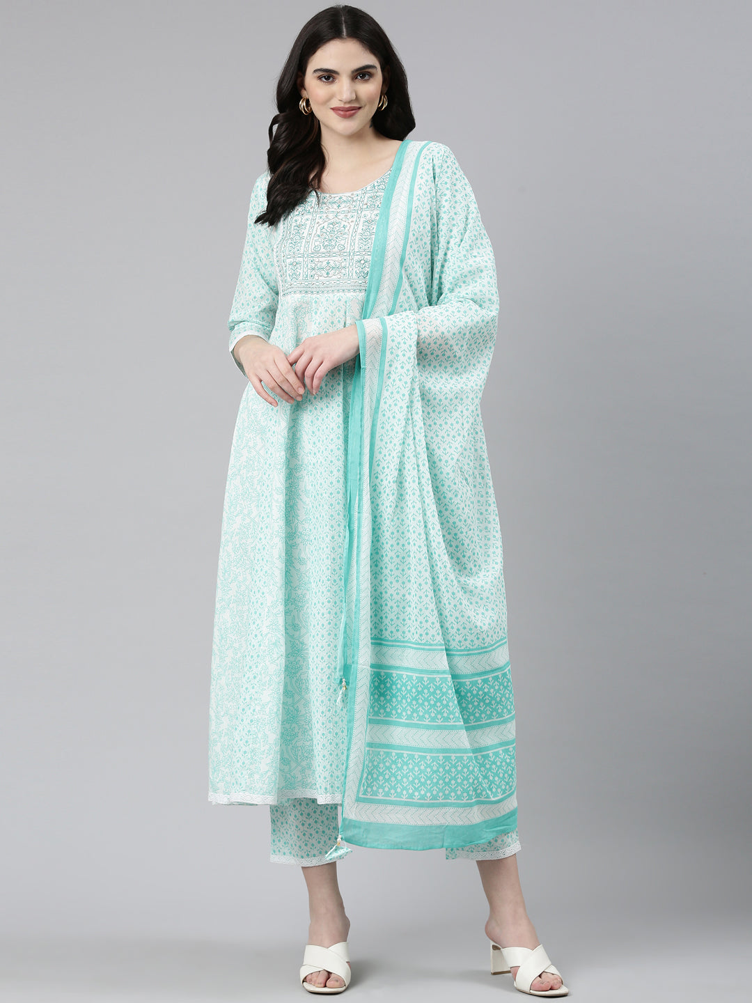 Neerus Green cotton printed anarkali kurta set - detail view 2