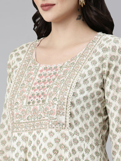Neerus Green Pleated Anarkali Printed Kurta And Trousers With Dupatta