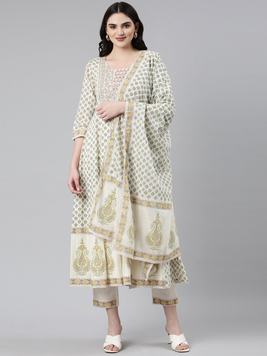 Neerus Green Pleated Anarkali Printed Kurta And Trousers With Dupatta