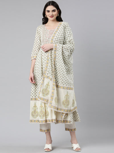 Neerus Green Pleated Anarkali Printed Kurta And Trousers With Dupatta