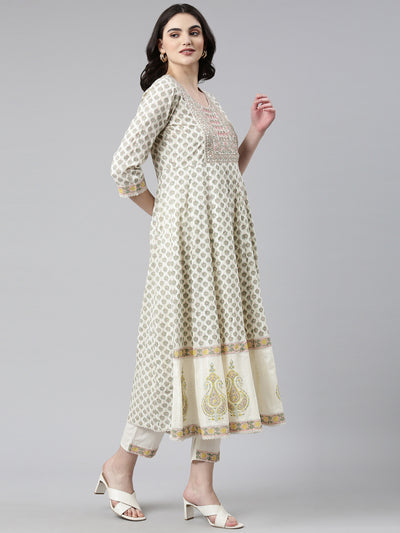 Neerus Green Pleated Anarkali Printed Kurta And Trousers With Dupatta