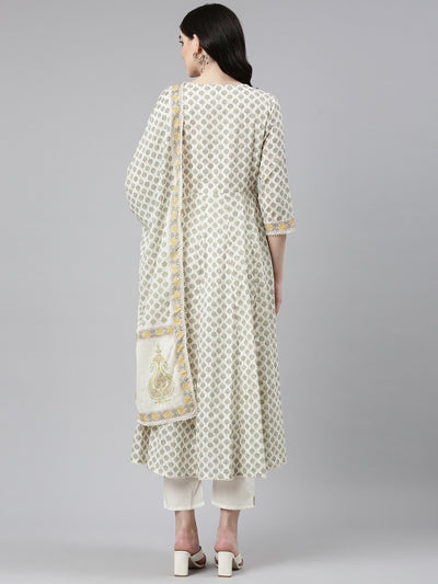 Neerus Green Pleated Anarkali Printed Kurta And Trousers With Dupatta