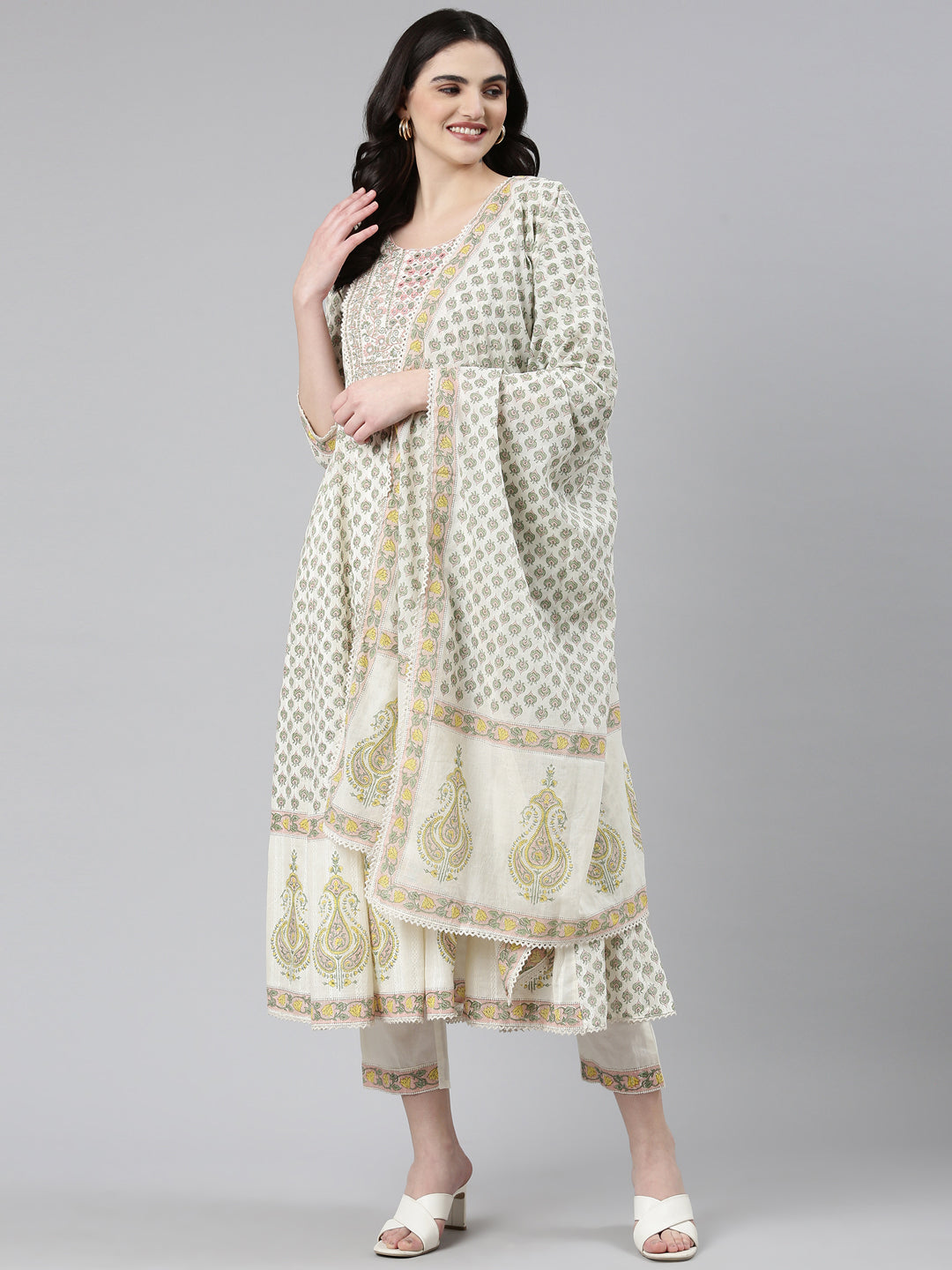 Neerus Green Pleated Anarkali Printed Kurta And Trousers With Dupatta