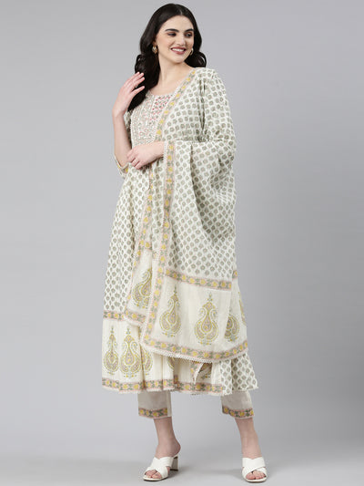 Neerus Green Pleated Anarkali Printed Kurta And Trousers With Dupatta