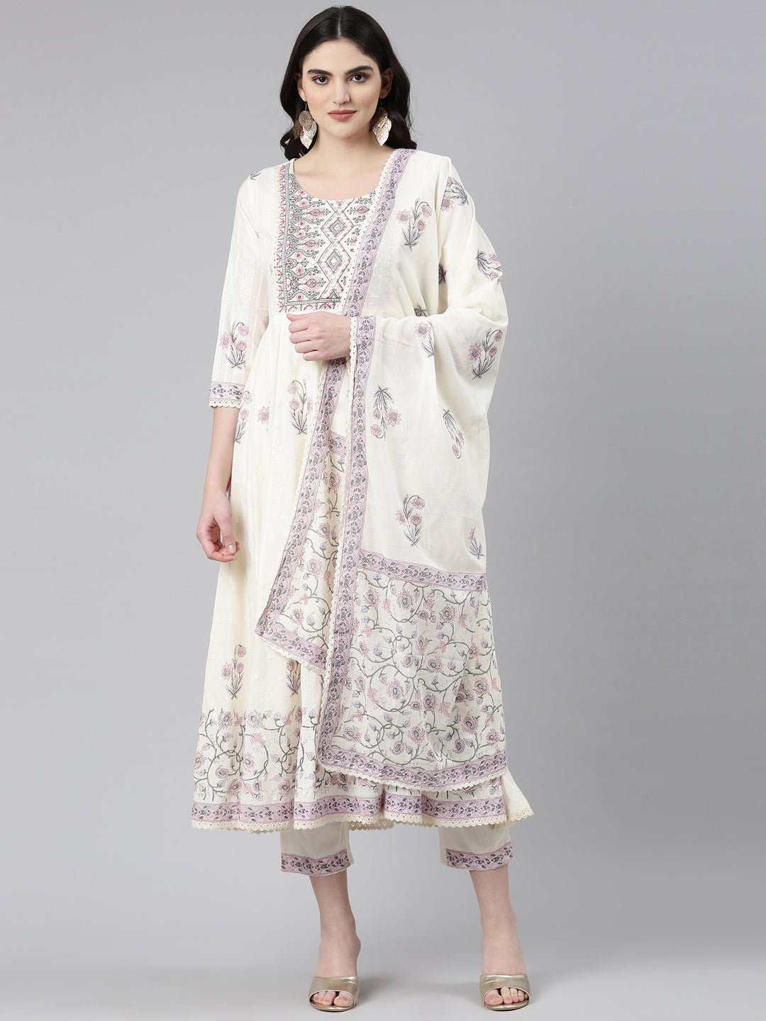 Neerus Cream Pleated Anarkali Printed Readymade suits