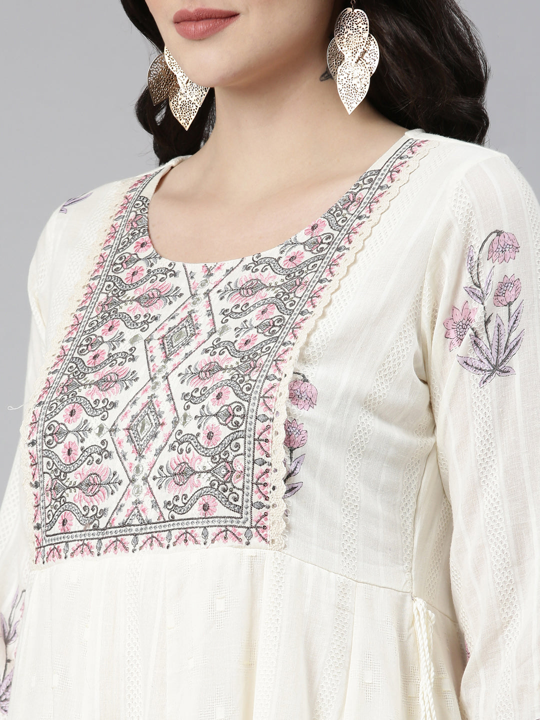 Neerus Cream Pleated Anarkali Printed Readymade suits