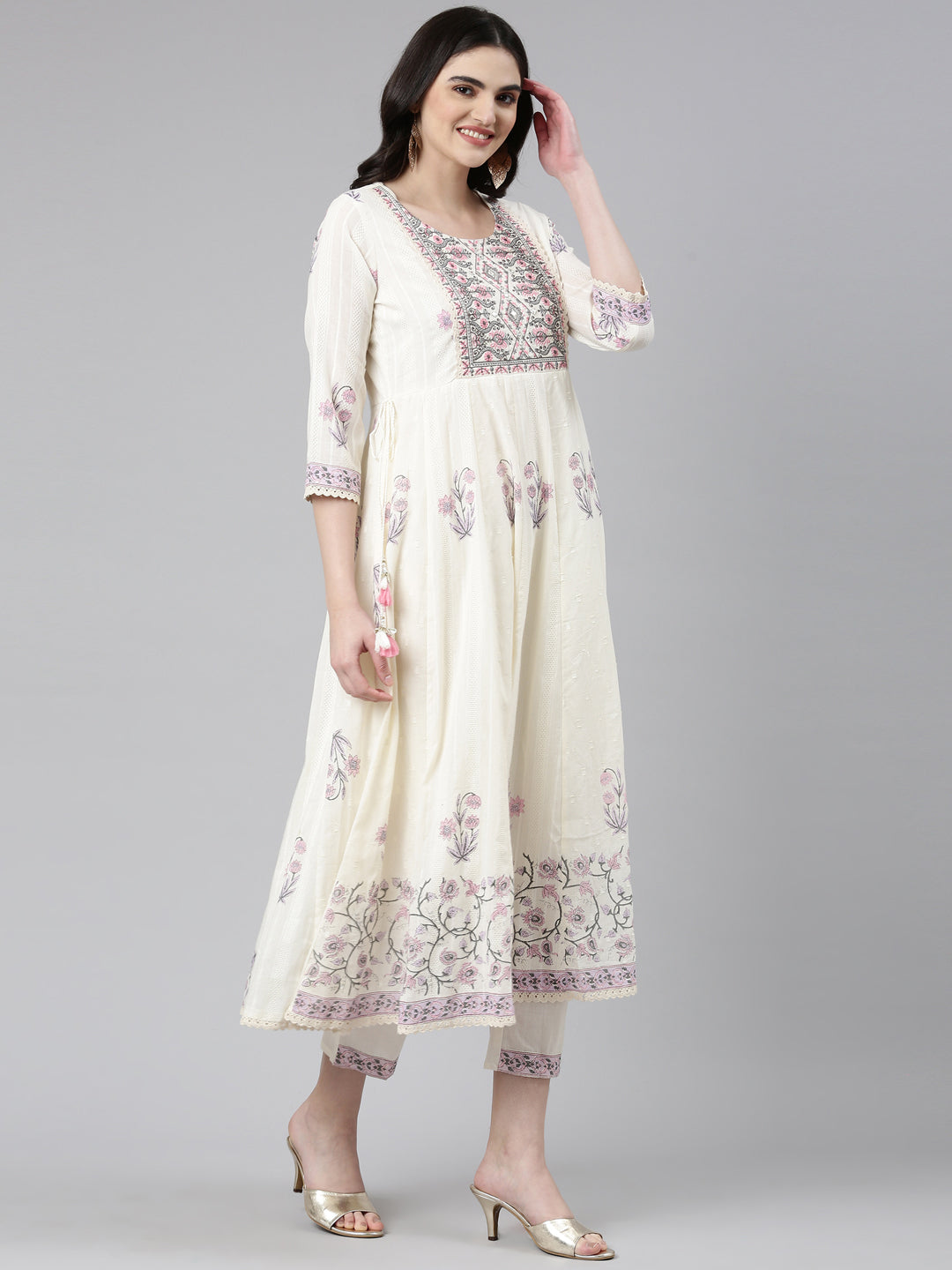 Neerus Cream Pleated Anarkali Printed Readymade suits