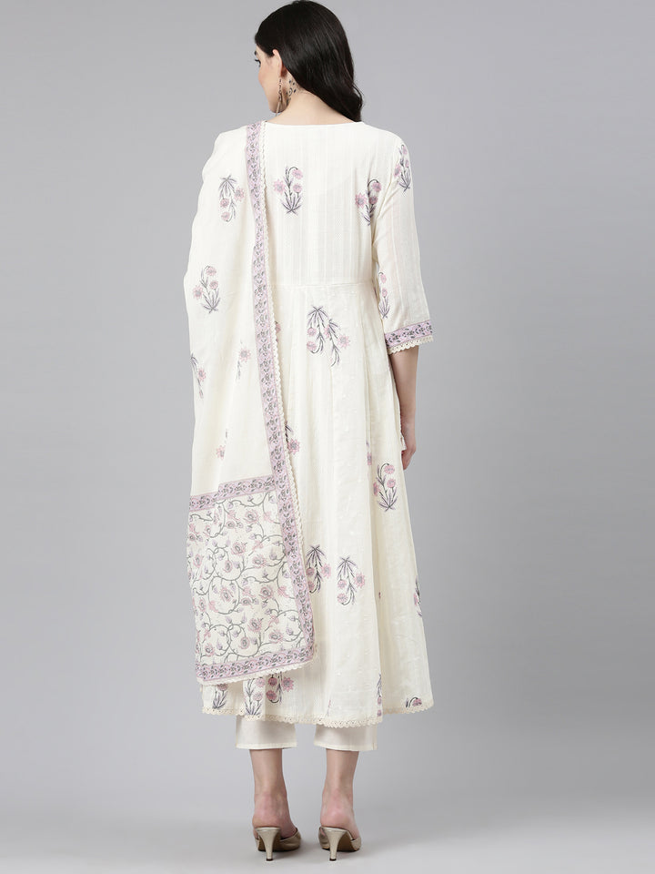 Neerus Cream Pleated Anarkali Printed Readymade suits