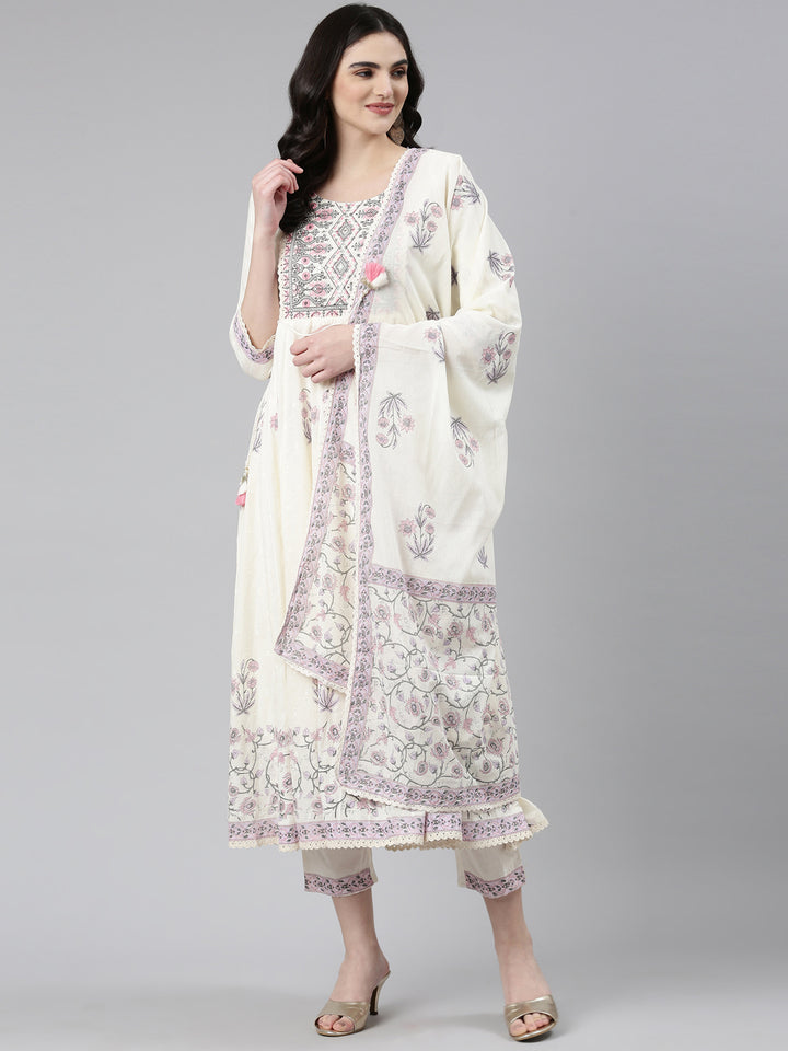 Neerus Cream Pleated Anarkali Printed Readymade suits