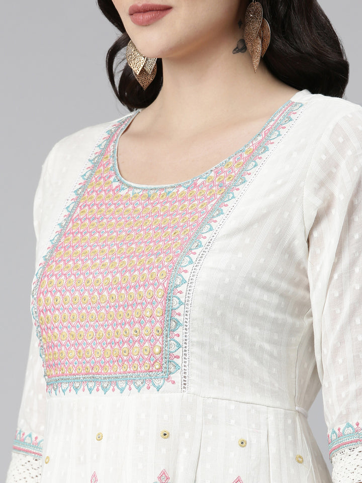 Neerus White Pleated Anarkali Printed Kurta And Trousers With Dupatta
