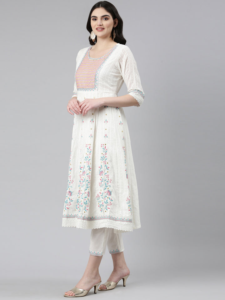 Neerus White Pleated Anarkali Printed Kurta And Trousers With Dupatta