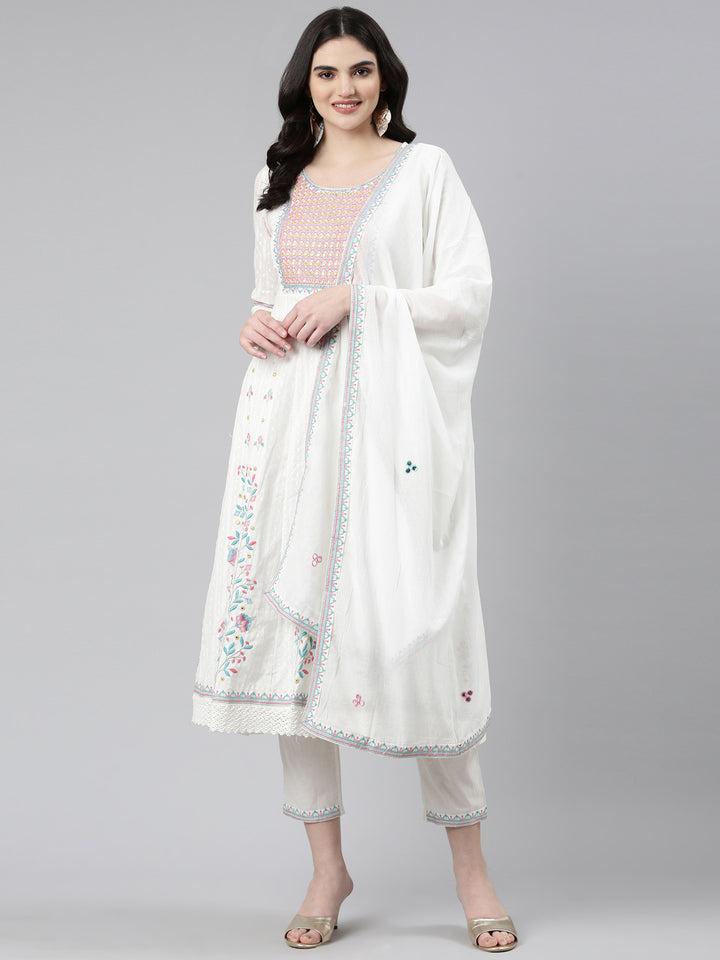 Neerus White Pleated Anarkali Printed Kurta And Trousers With Dupatta
