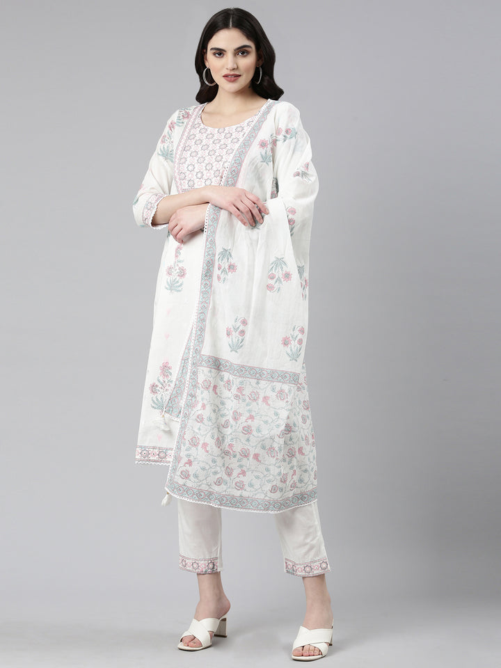 Neerus White printed straight kurta set with trouser and dupatta - front view