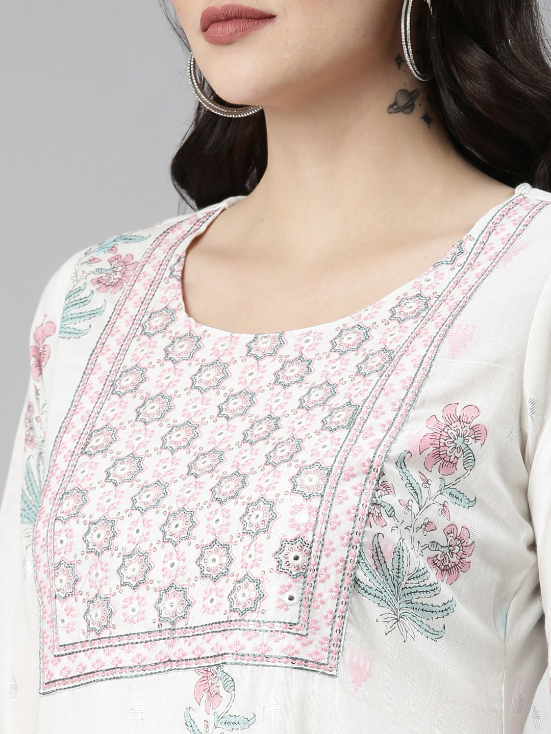 Neerus White printed straight kurta set with trouser and dupatta - detail view 1
