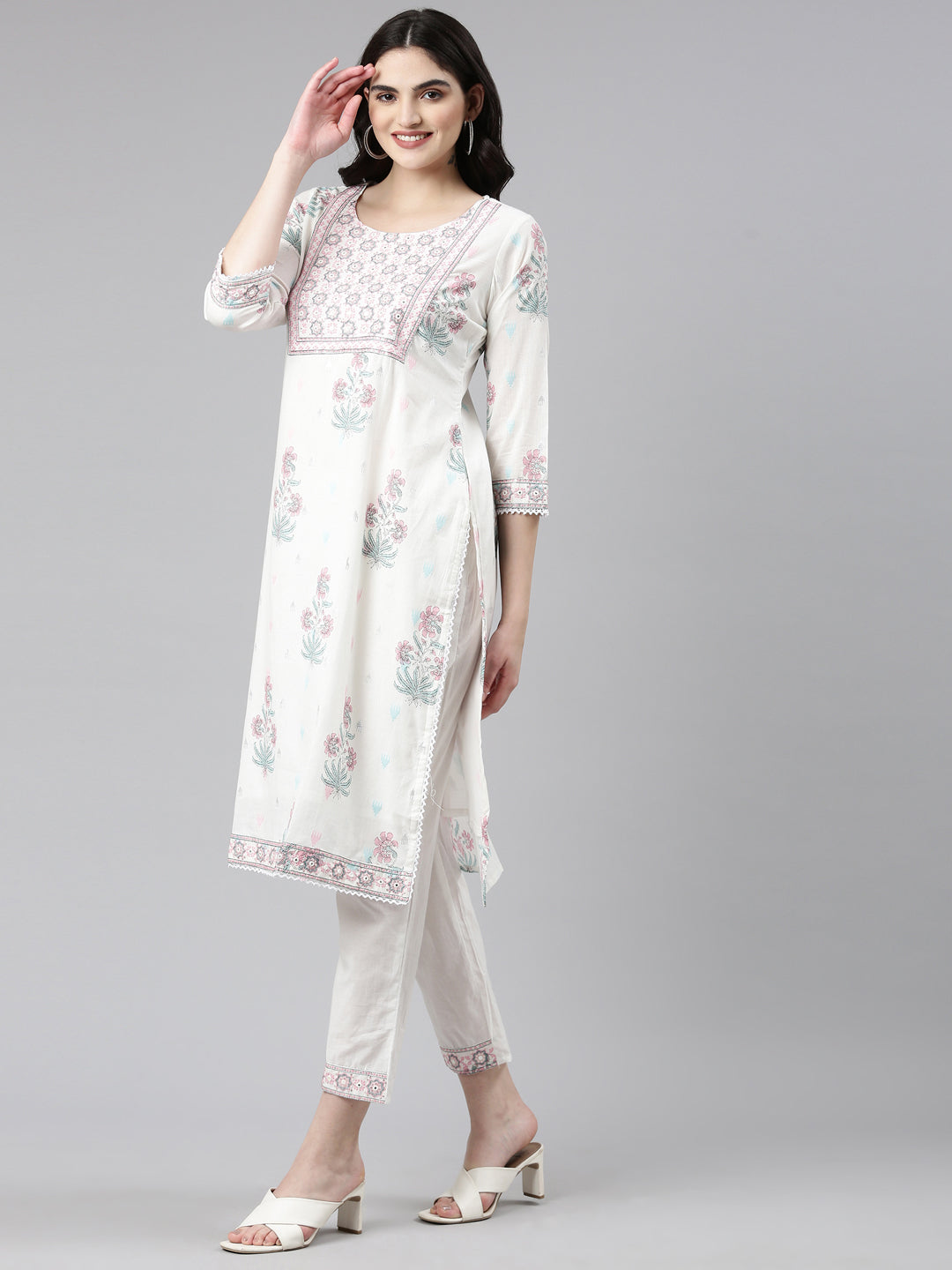 Neerus White printed straight kurta set with trouser and dupatta - back view