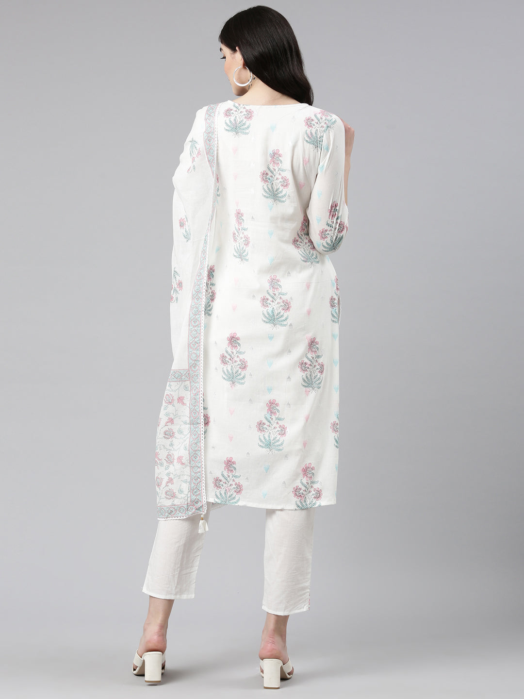 Neerus White printed straight kurta set with trouser and dupatta - side view