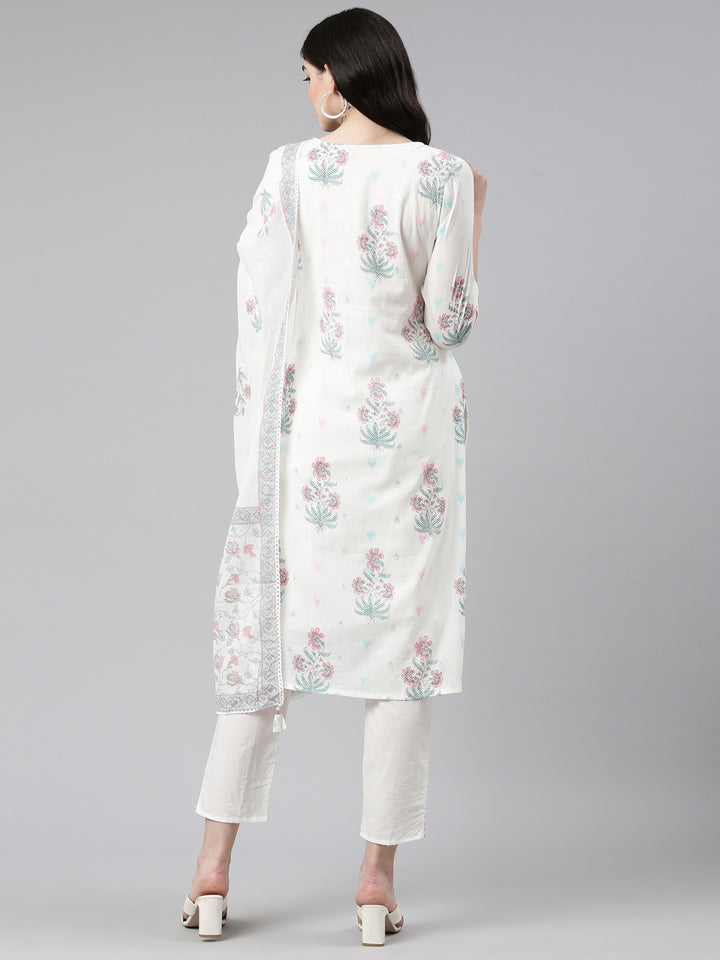 Neerus White printed straight kurta set with trouser and dupatta - side view