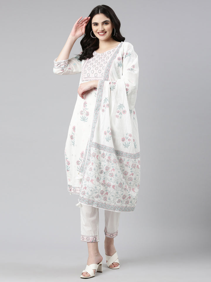 Neerus White printed straight kurta set with trouser and dupatta - detail view 2