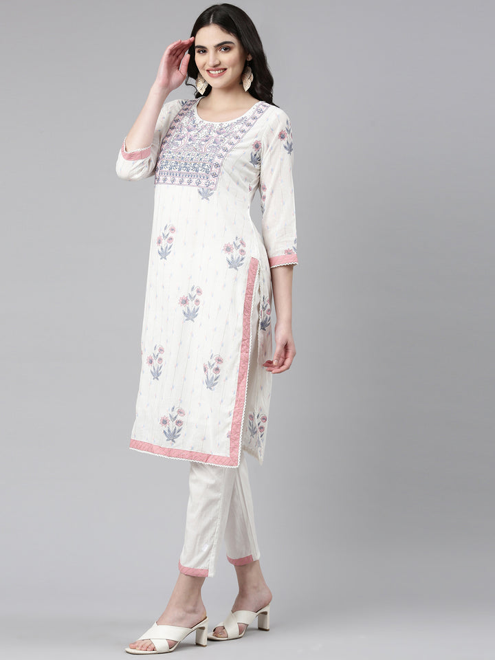 Neerus White Regular Straight Printed Kurta And Trousers With Dupatta