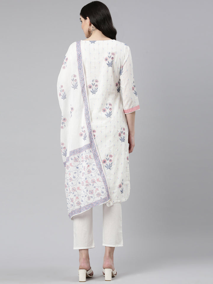 Neerus White Regular Straight Printed Kurta And Trousers With Dupatta