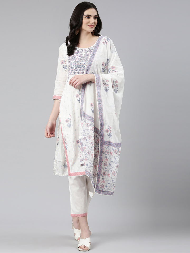 Neerus White Regular Straight Printed Kurta And Trousers With Dupatta