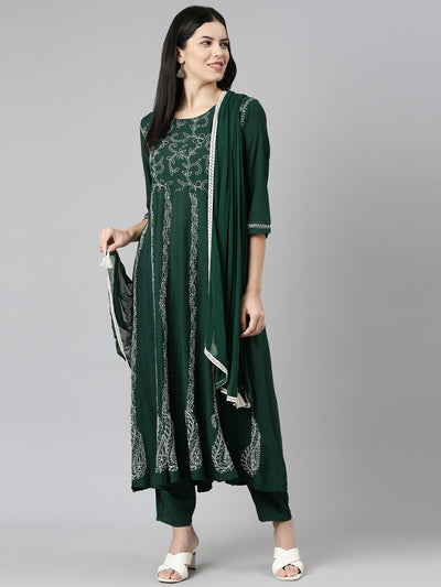 Neeru's Green Regular Straight Embroidered Kurta And Trousers With Dupatta