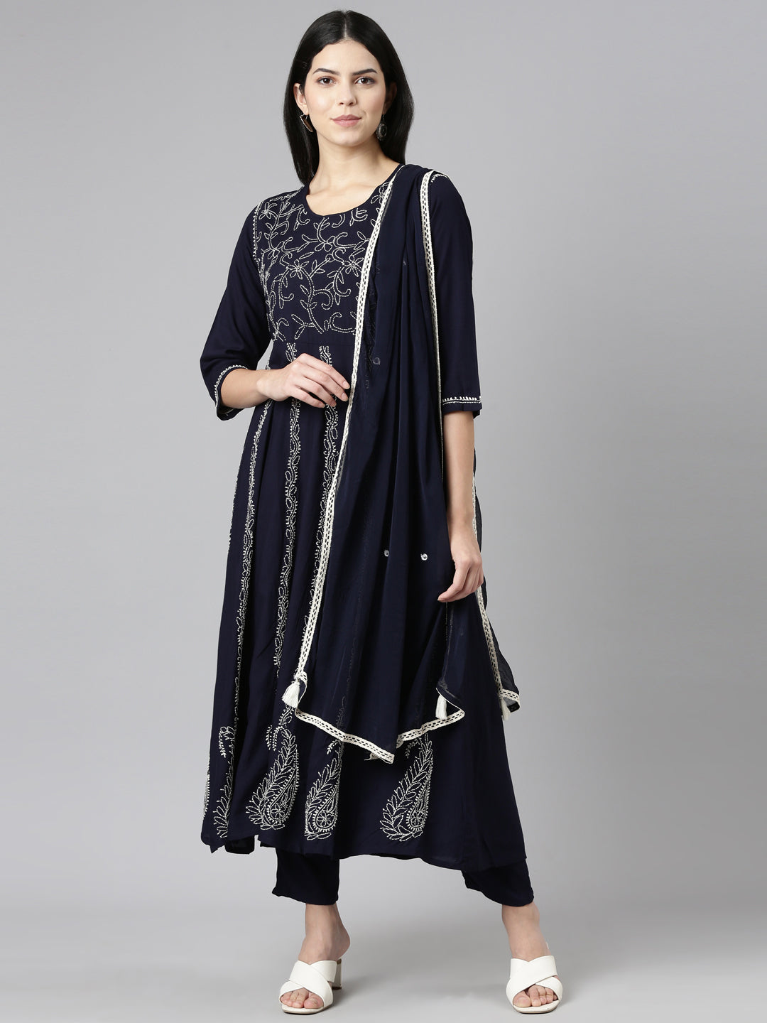 Neerus Blue embroidered straight kurta set with trouser and dupatta - front view