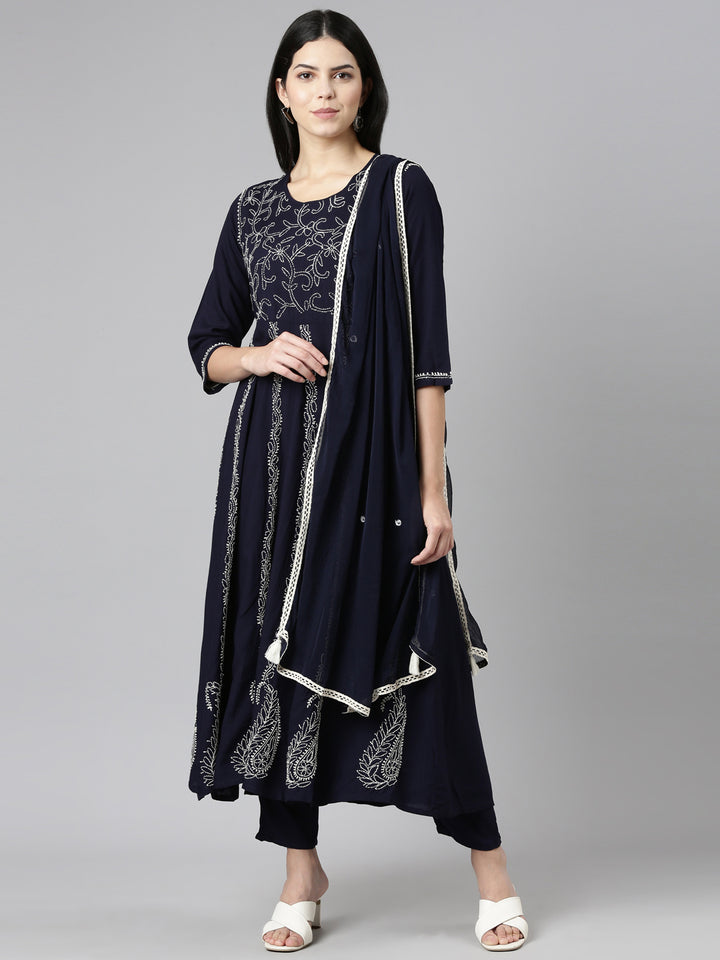 Neerus Blue embroidered straight kurta set with trouser and dupatta - front view