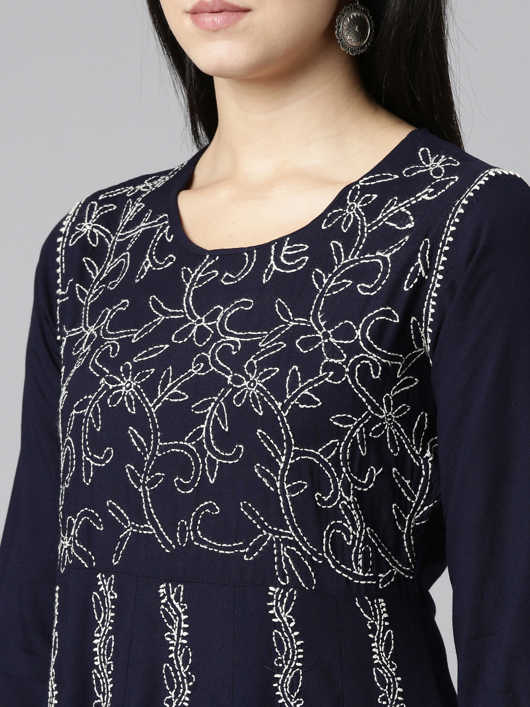 Neerus Blue embroidered straight kurta set with trouser and dupatta - detail view 1