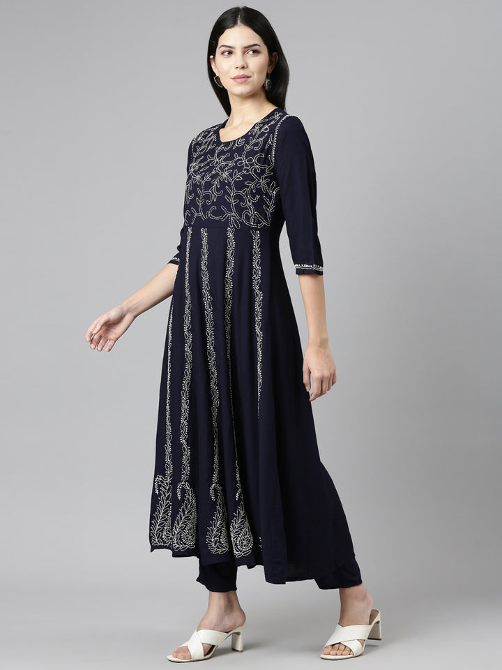 Neerus Blue embroidered straight kurta set with trouser and dupatta - back view