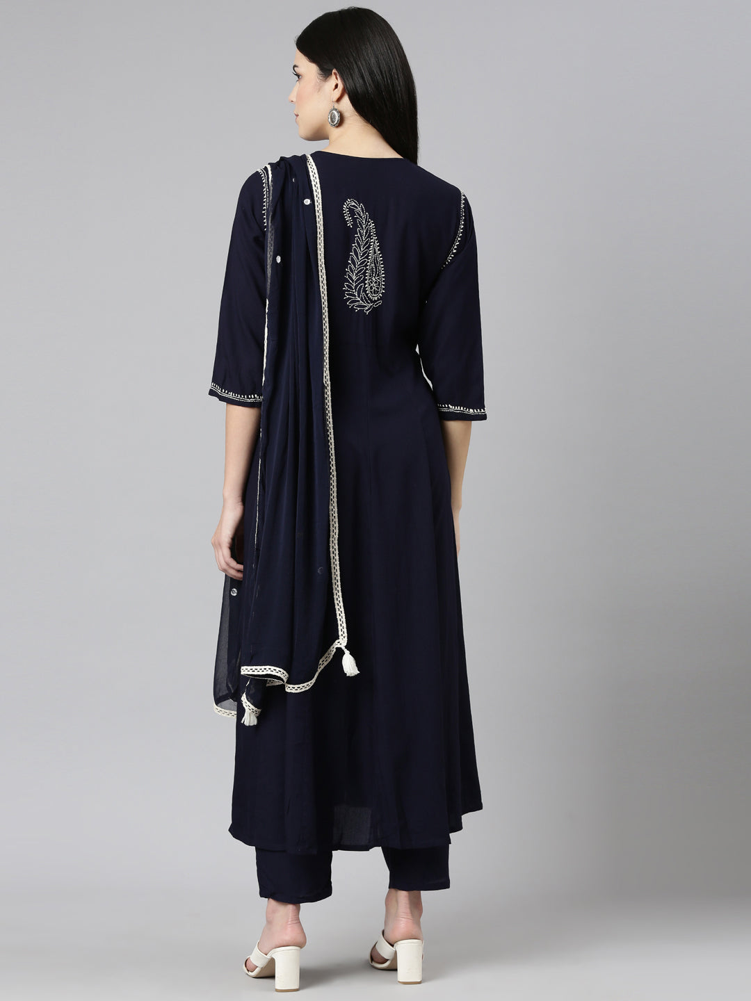 Neerus Blue embroidered straight kurta set with trouser and dupatta - side view