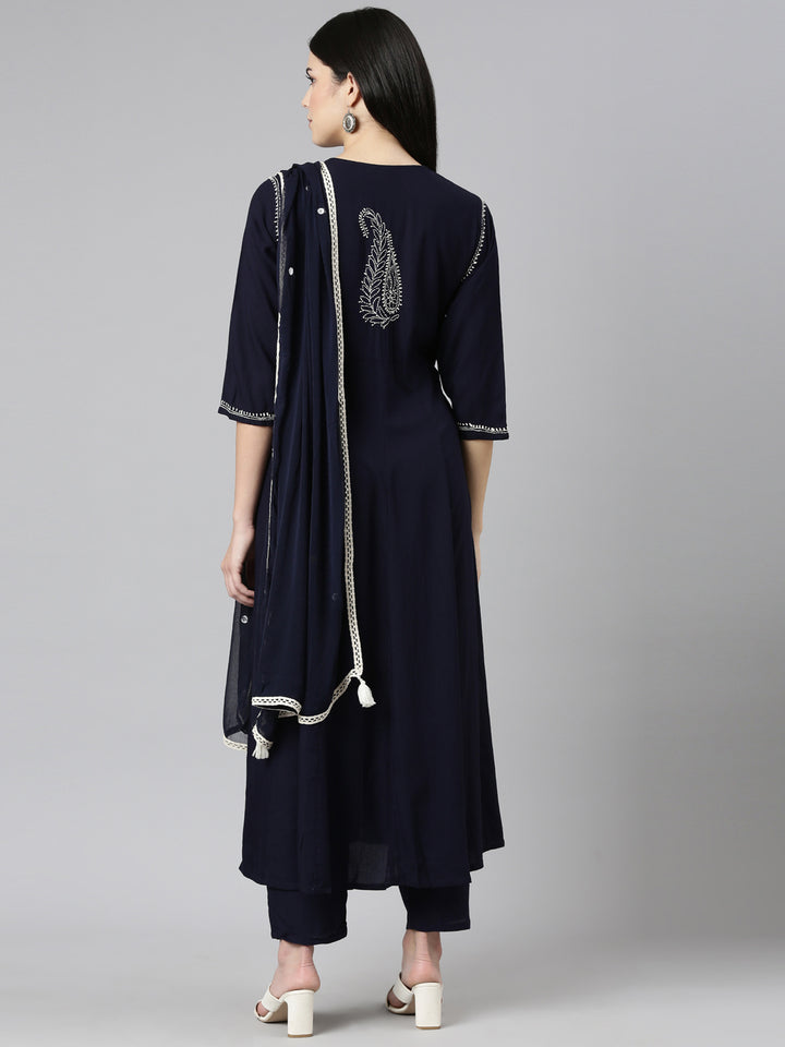 Neerus Blue embroidered straight kurta set with trouser and dupatta - side view