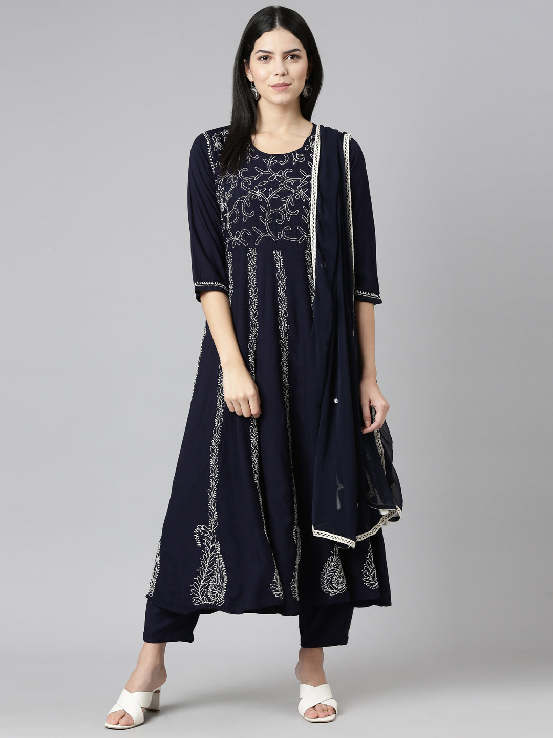 Neerus Blue embroidered straight kurta set with trouser and dupatta - detail view 2