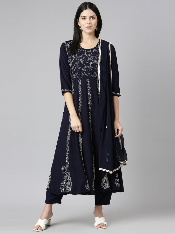 Neerus Blue embroidered straight kurta set with trouser and dupatta - detail view 2