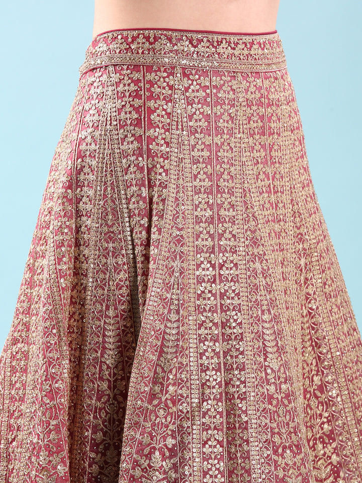 Onion Pink Net Hand Embroidery Ghagra Set