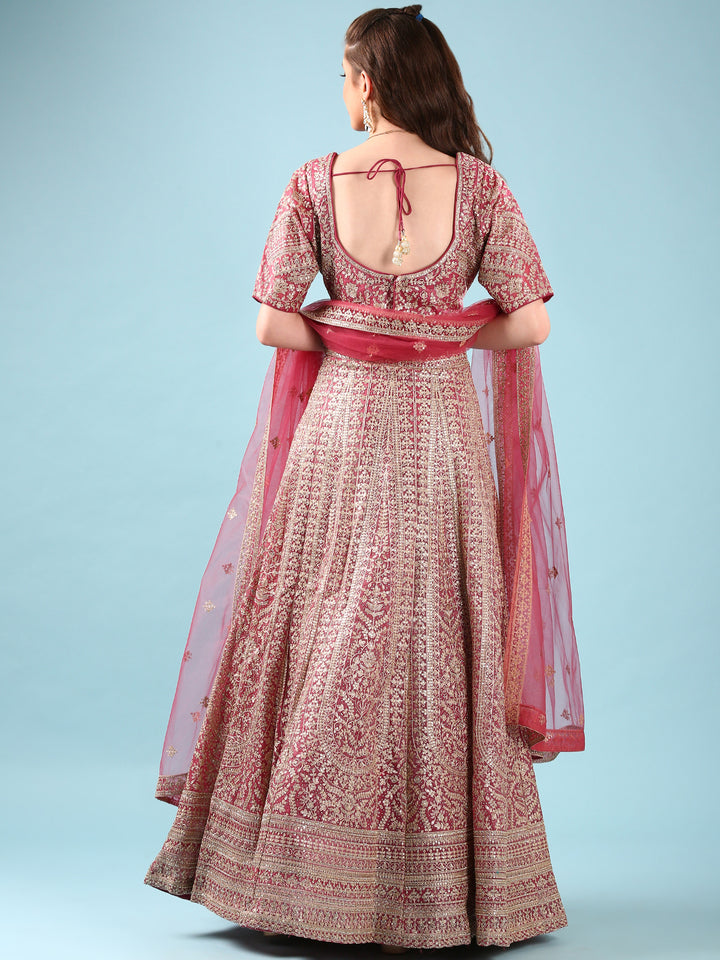 Onion Pink Net Hand Embroidery Ghagra Set
