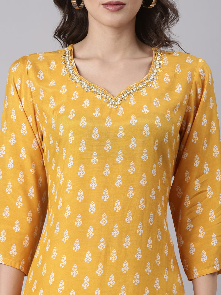 Mustard Muslin Printed Three Piece Set