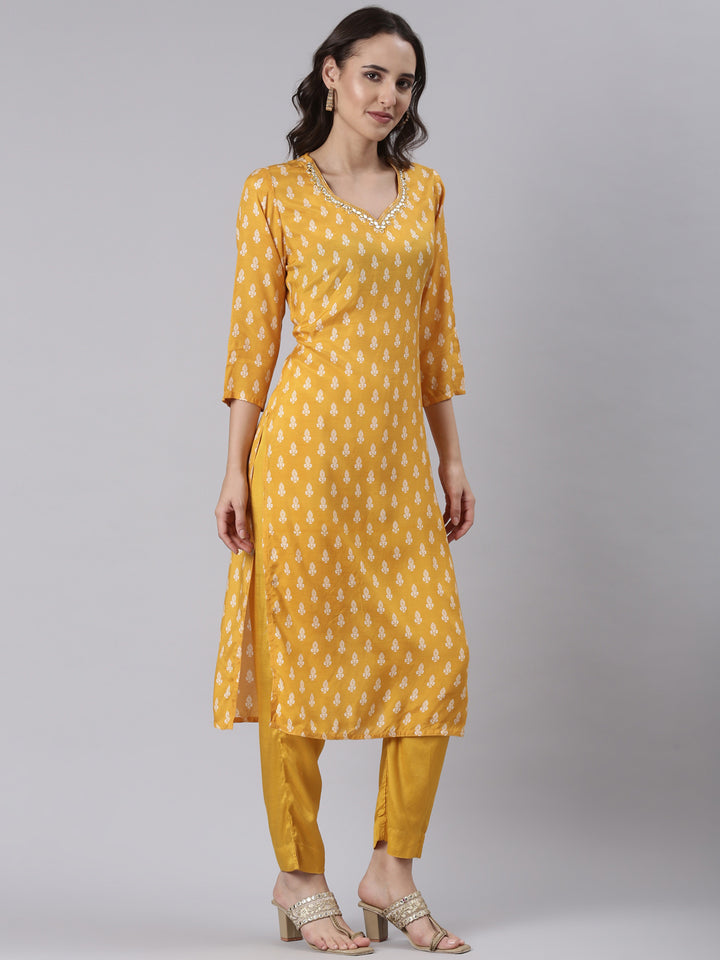 Mustard Muslin Printed Three Piece Set