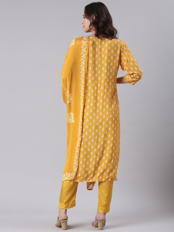 Mustard Muslin Printed Three Piece Set
