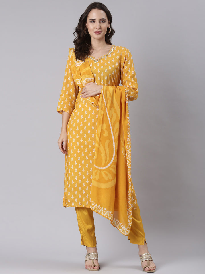 Mustard Muslin Printed Three Piece Set