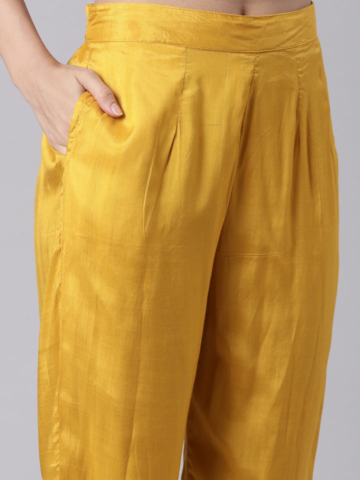 Mustard Muslin Printed Three Piece Set