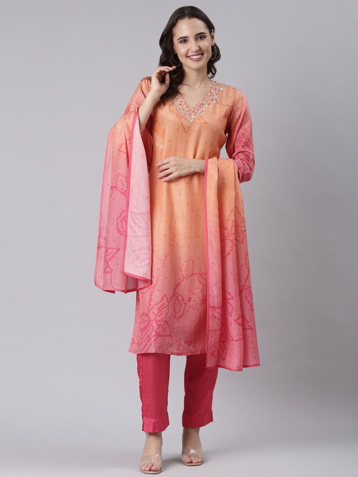 Orange Shimmer Hand Work Three Piece Set