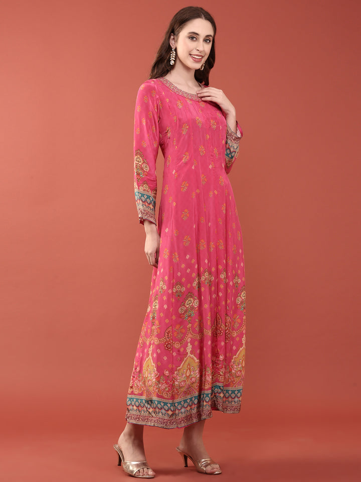 Pink Crepe Floral Digital Print Three Piece Set