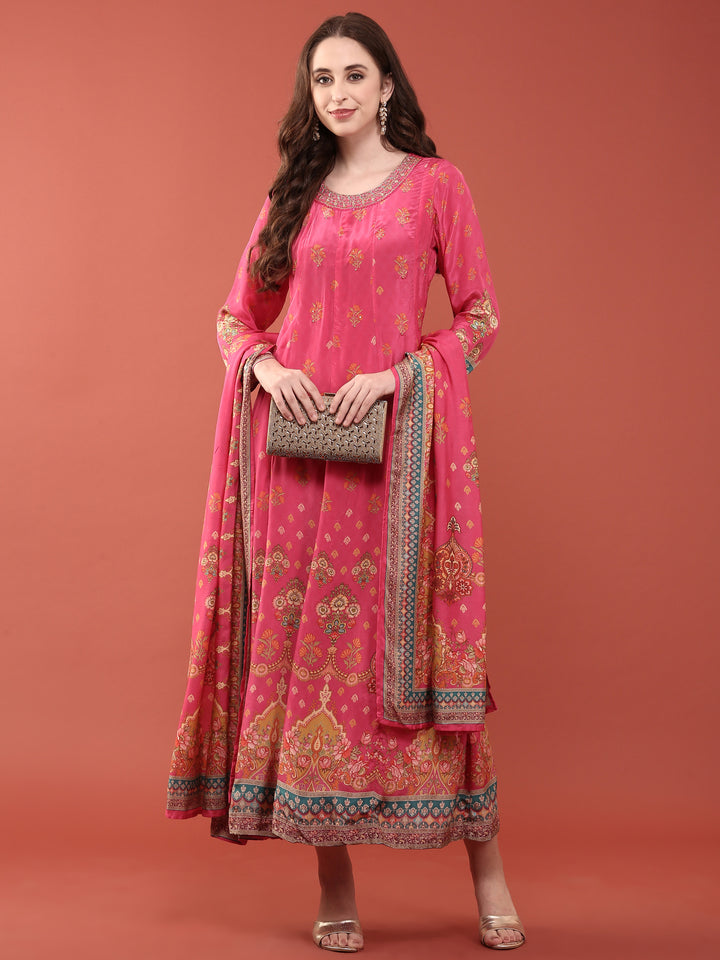 Pink Crepe Floral Digital Print Three Piece Set