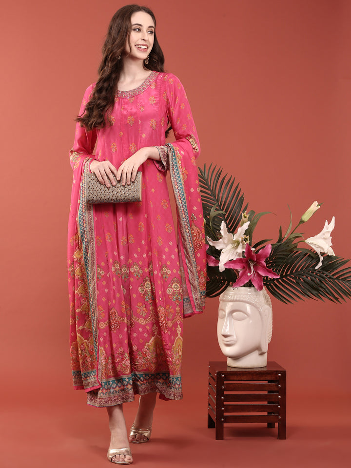 Pink Crepe Floral Digital Print Three Piece Set