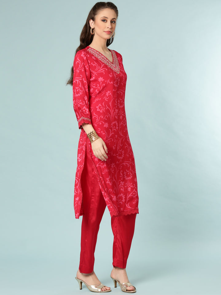 Rani Pink Dola Silk Digital Print Three Piece Set