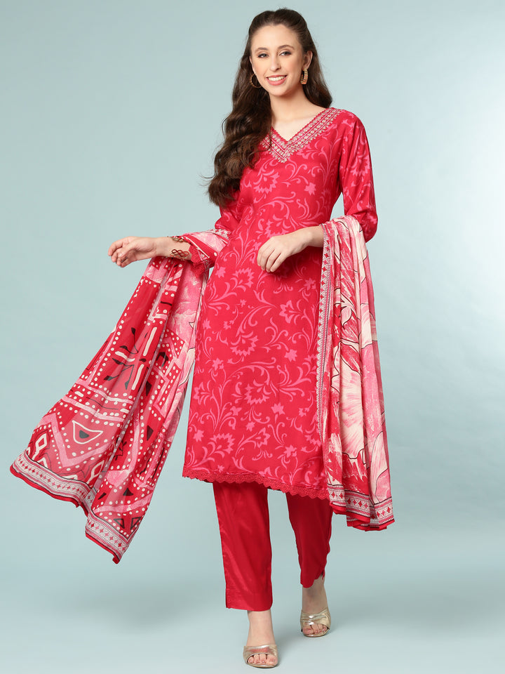 Rani Pink Dola Silk Digital Print Three Piece Set